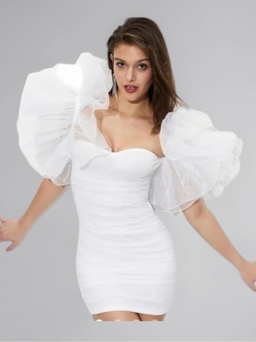 SHEIN White mini dress poof sleeve tulle ruched